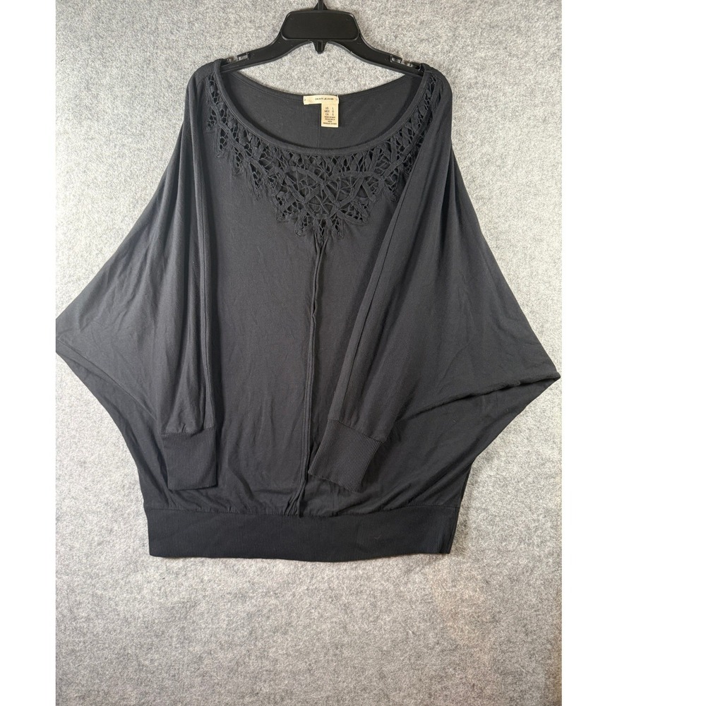 DKNY Jeans‎ Womens Black Crochet Lace Neck Dolman Sleeve Blouson Top Large - Picture 5 of 10